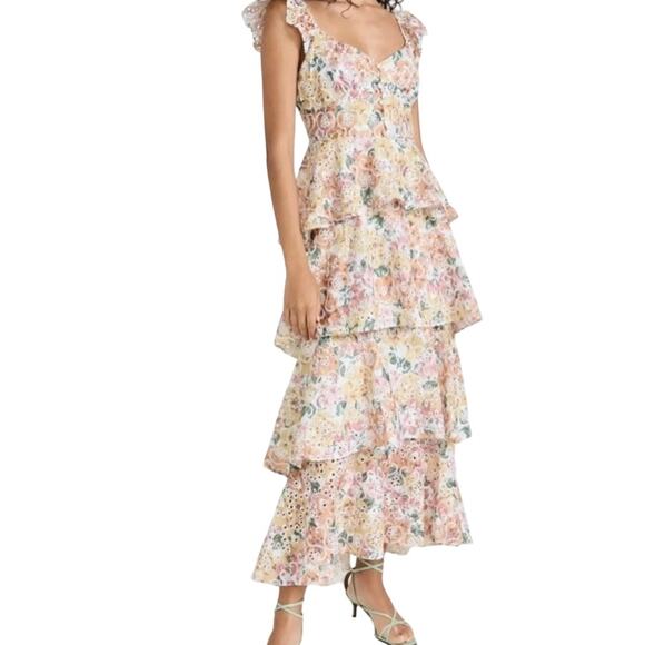 En Saison Presley Midi Dress Tiered Skirt Floral Embroidered M Ruffle Cottage - Picture 1 of 11
